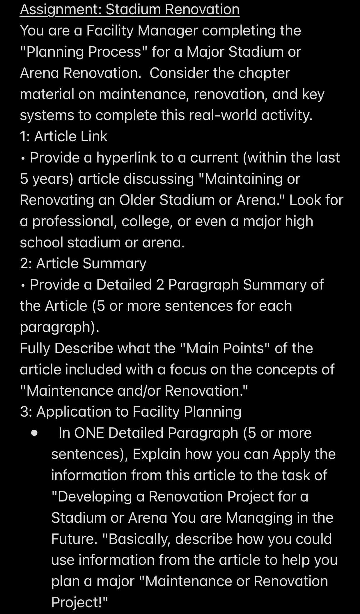  Aisignment: Stadium Renovation You are a Facility Manager completing the "Planning