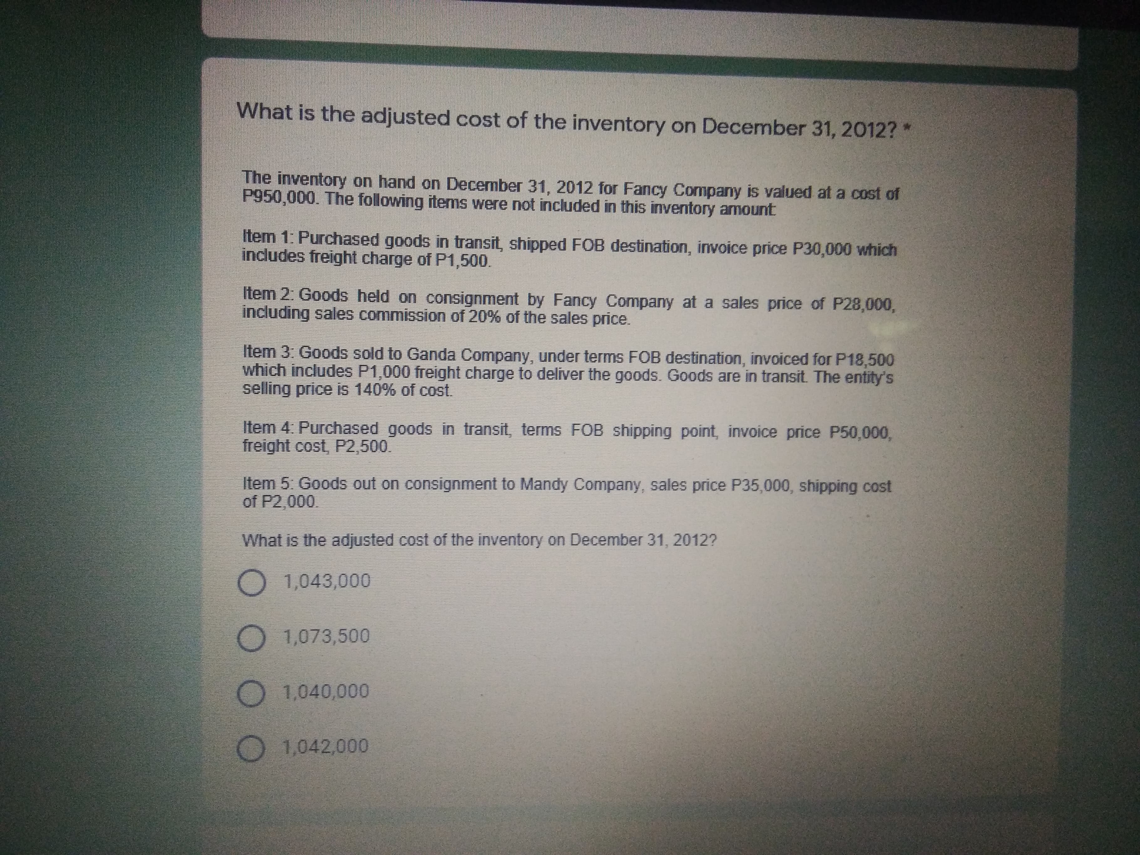 2012?* The inventory on hand on December 31, 2012 for Fancy Company