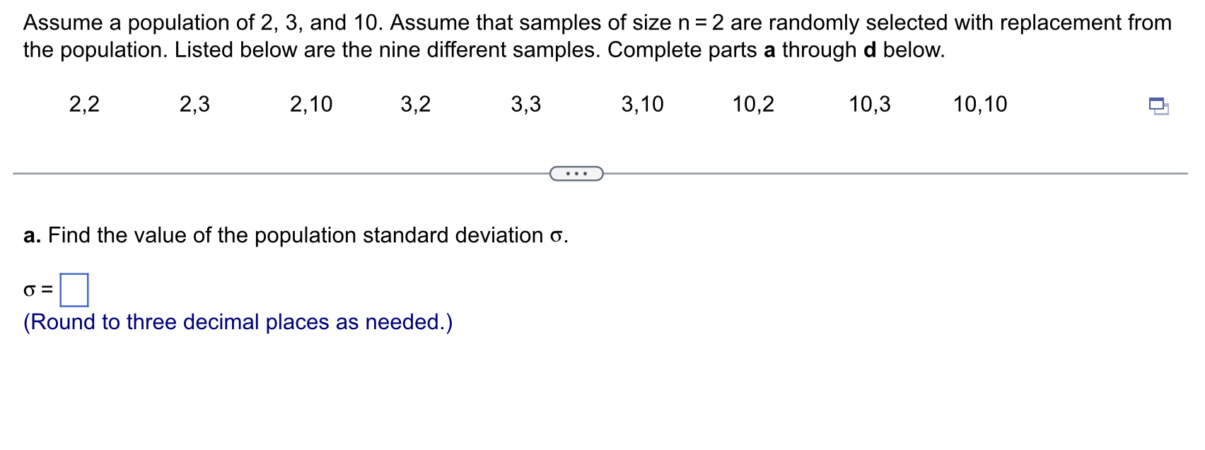 the probability distribution of the distinct standard deviation values. Use ascending order