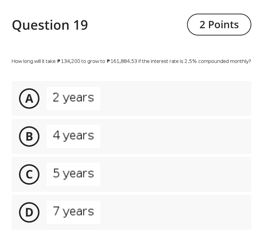 P 29,445.15 B P 29,462.27 C P 29,484.83 D P 29,497.27Question 21