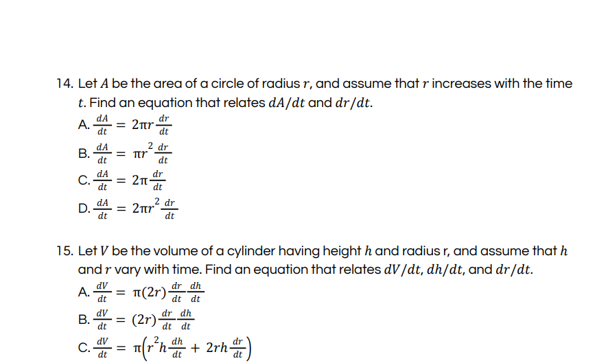 dt dx B. dA = 2x- dt dt C dA = 2