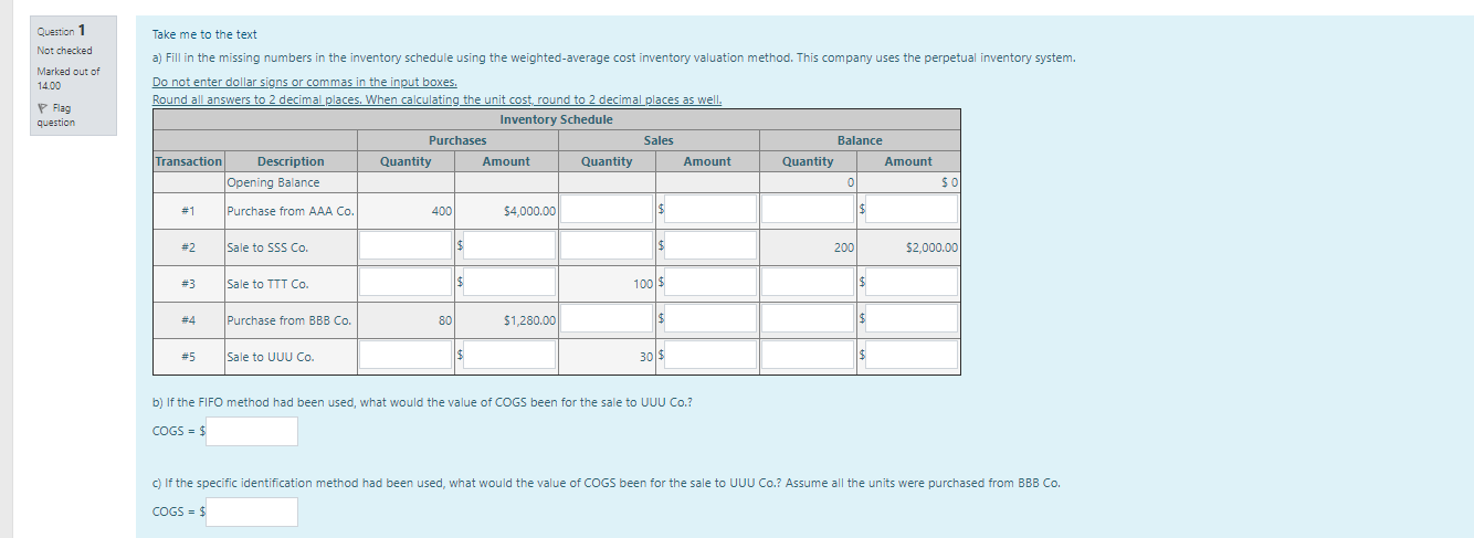 numbers in the inventory schedule using the weighted-average cost inventory valuation method.