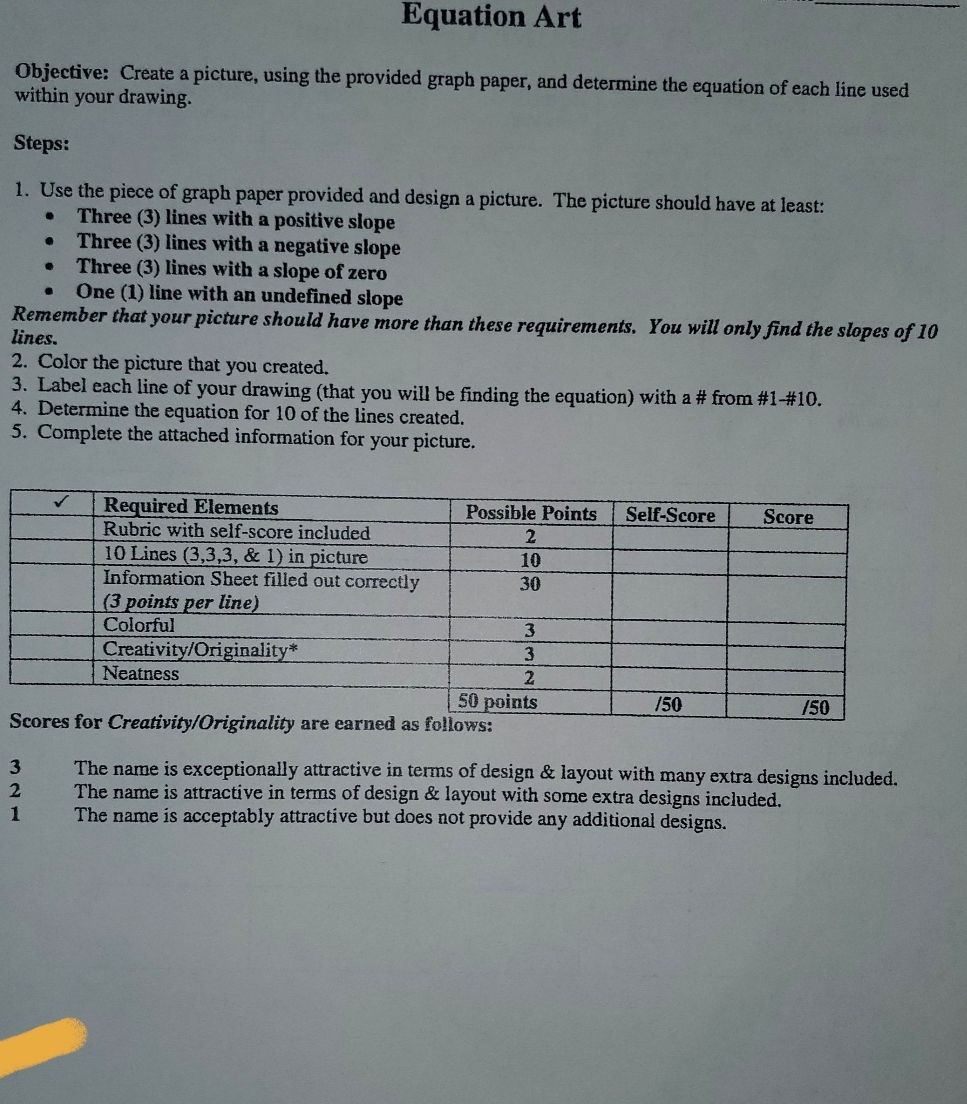 Equation Art Objective: Create a picture, using the provided graph paper,