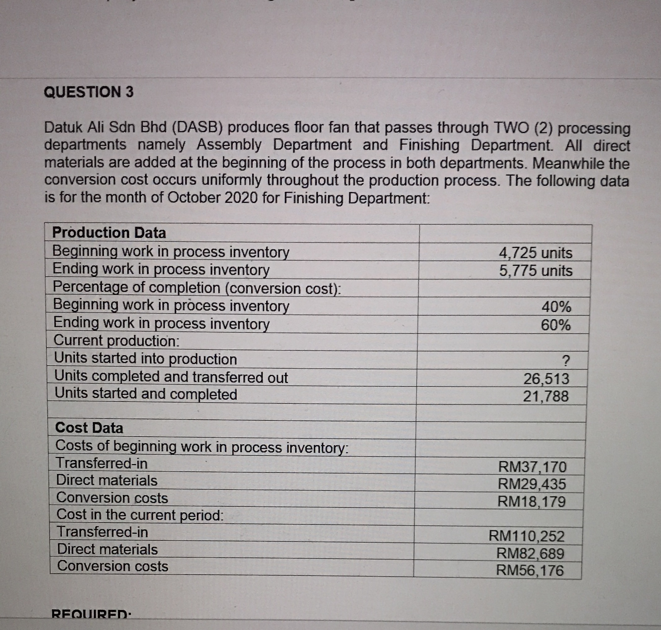 Can u help me solve this question? Topic: process costing. Thankyou so
