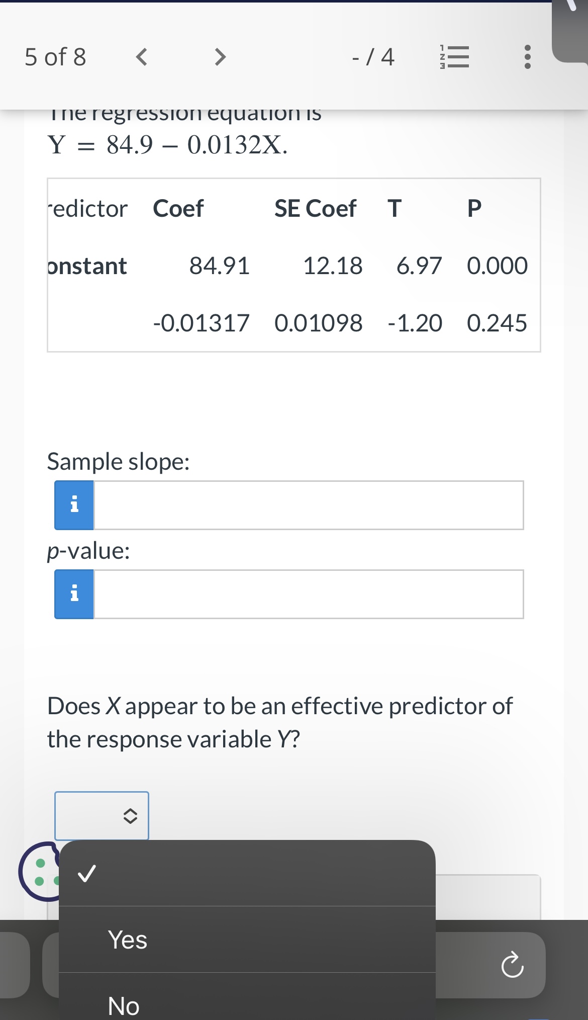 computer output to estimate the intercept So and the slope B1 .