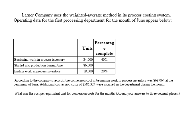 its process costing system. Operating data for the first processing department for