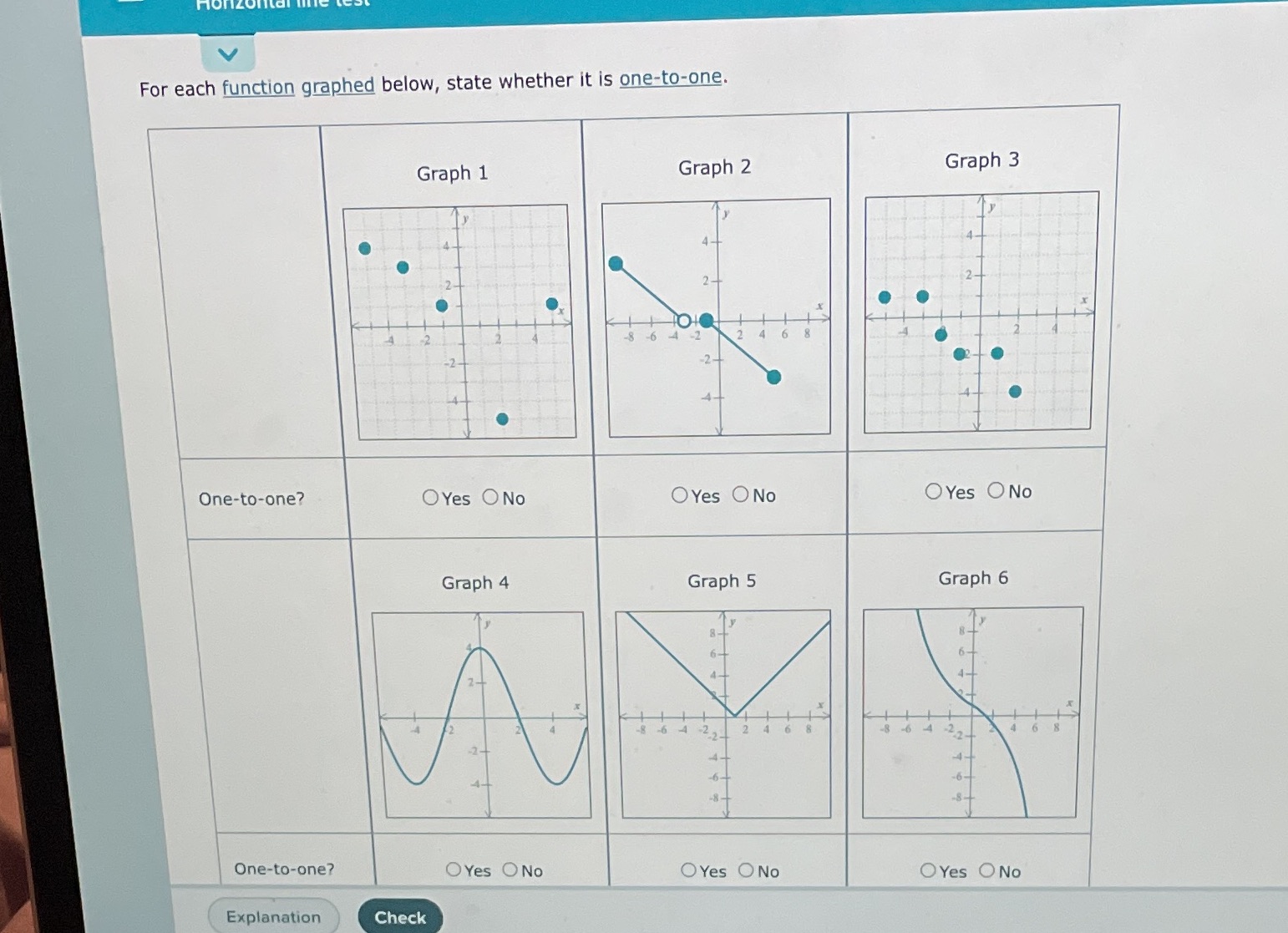  For each function graphed below, state whether it is one-to-one. Graph