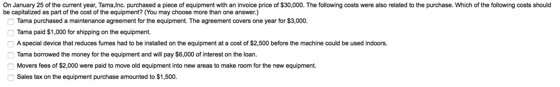 The following costs were also related to the purchase. Which of the