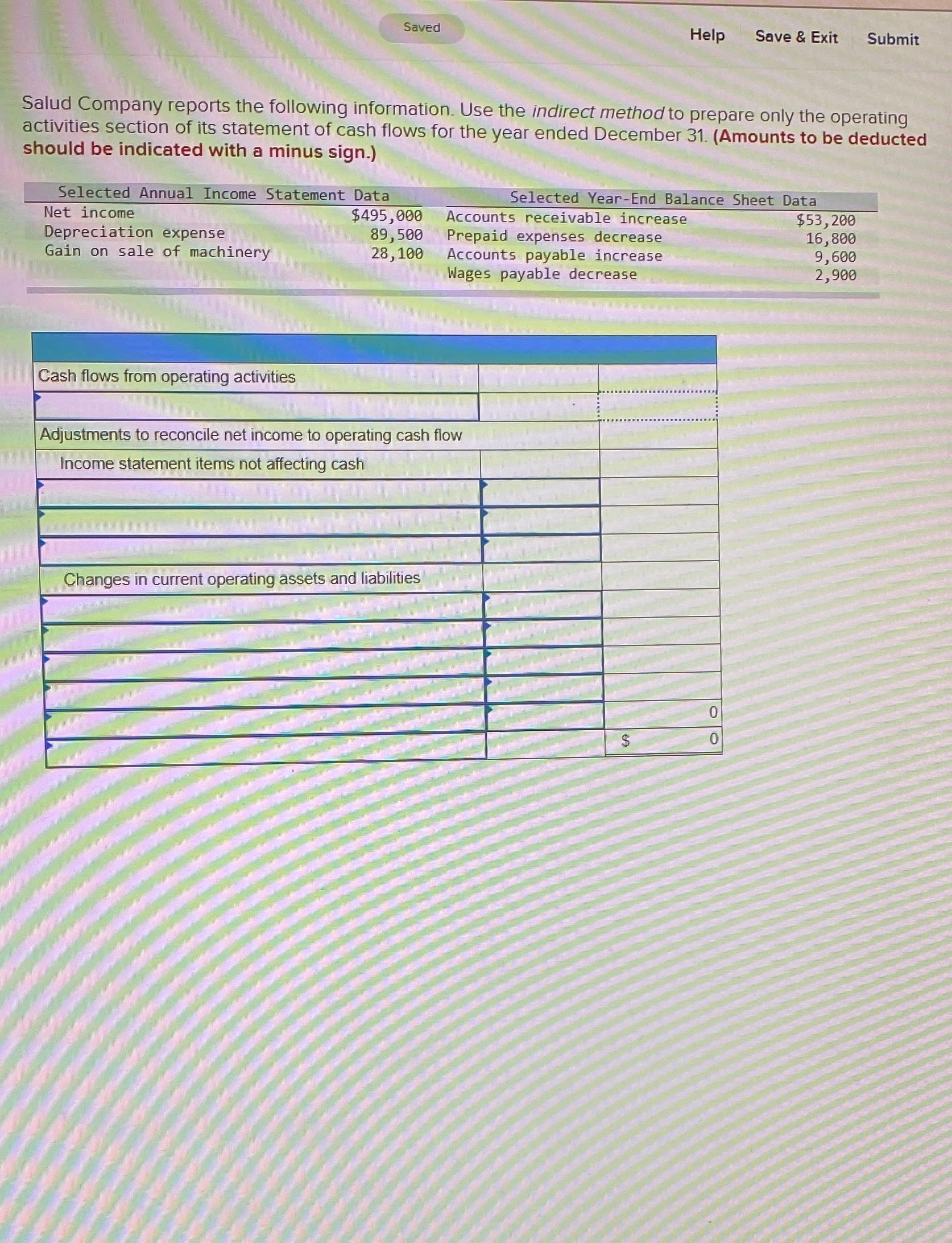 information. Use the indirect method to prepare only the operating activities section