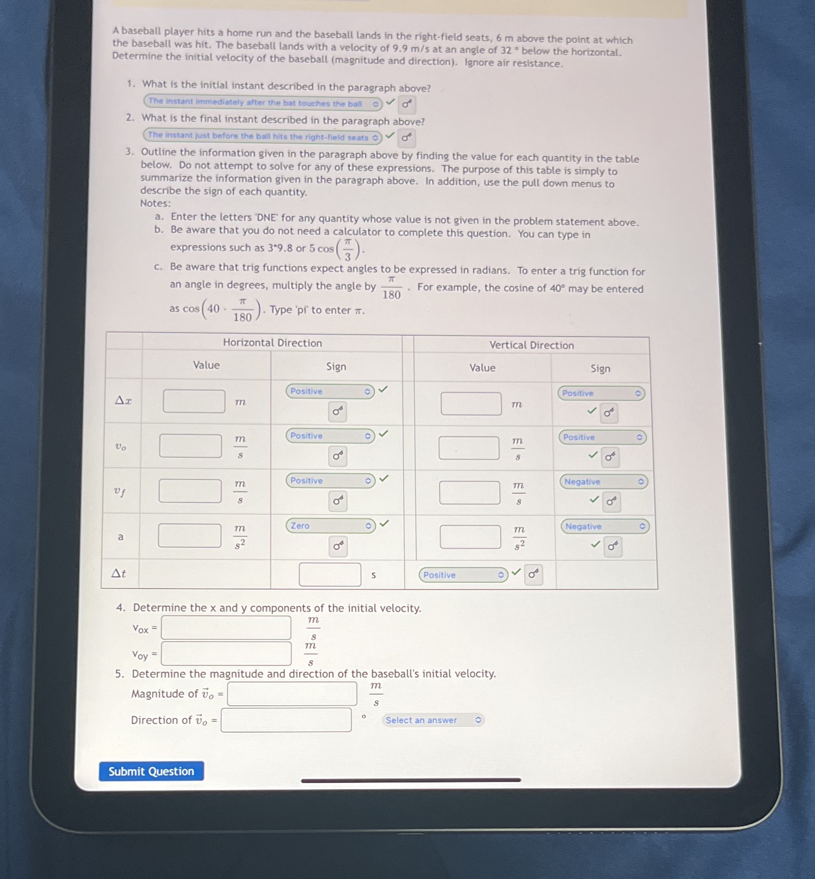 Please help answer missing blanks (parts 3-6) A baseball player hits a
