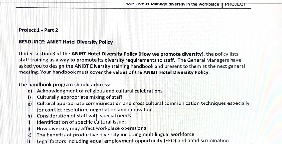  BSBDIV507 Manage diversity In the workplace PROJECT Project 1 - Part