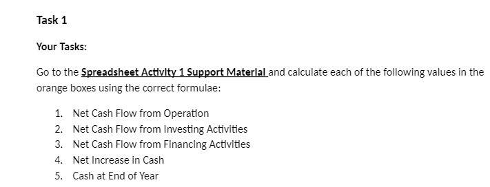 Material and calculate each of the following values in the orange boxes