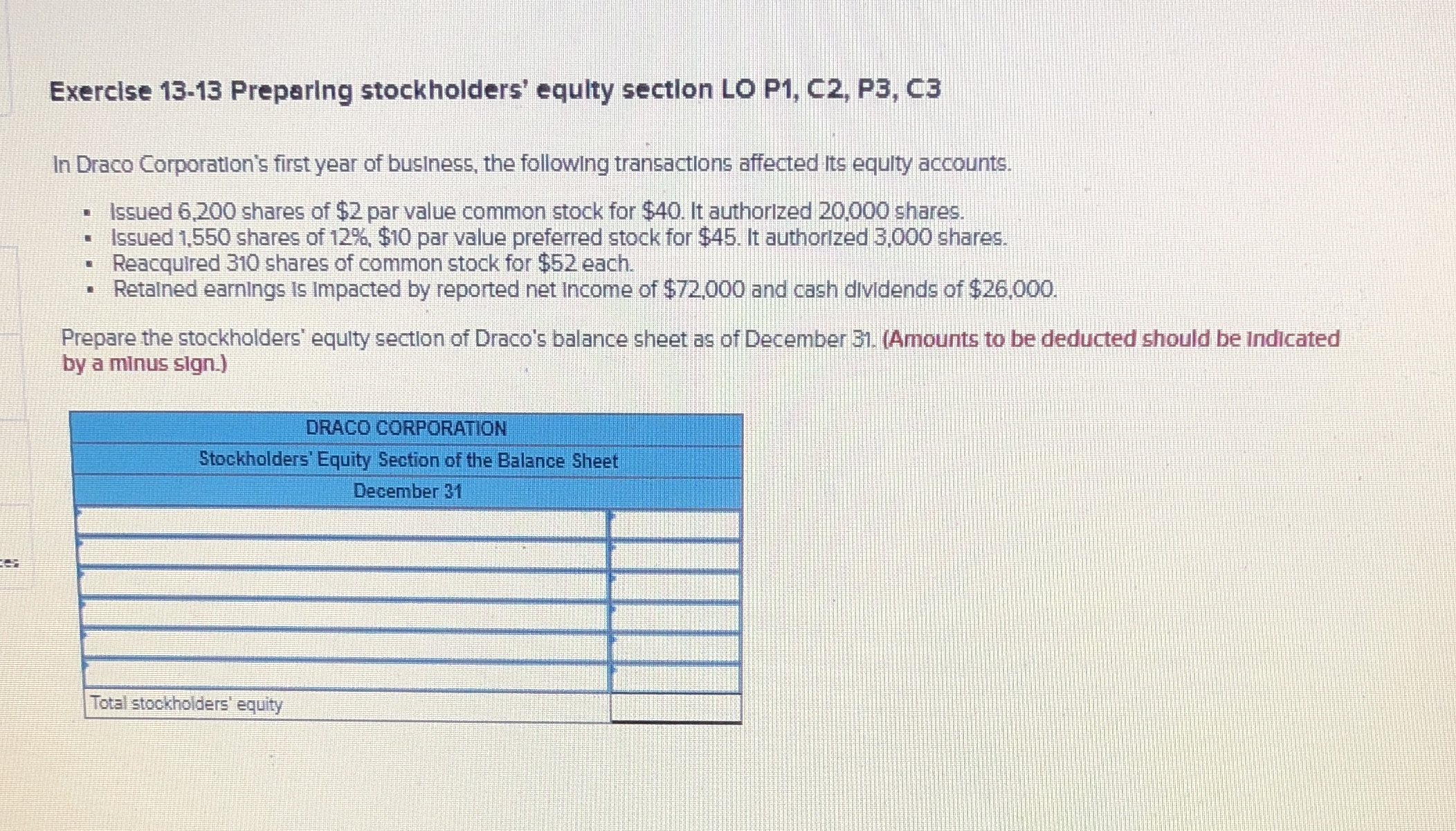 14 Exercise 13-13 Preparing stockholders' equity section LO P1, C2, P3, C3