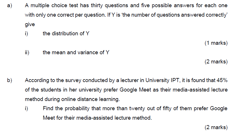  A multiple choice test has thirty questions and five possible answers