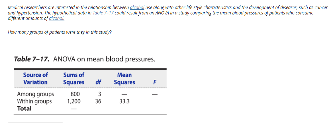 study comparing the mean blood pressures of patients who consume different amounts