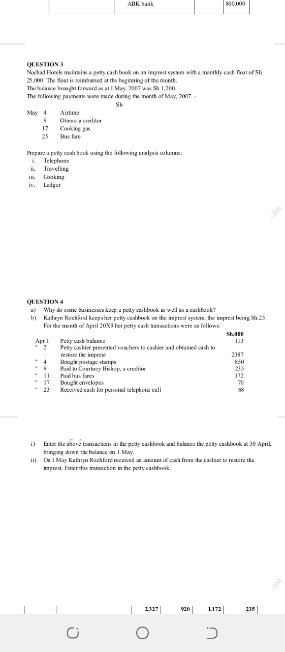 QUESTION 2 The following transactions relate to Kanja Hotel for the month