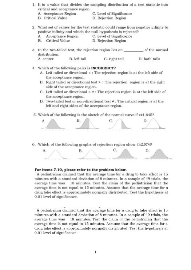 Rejection Region 2. What set of values for the test statistic could