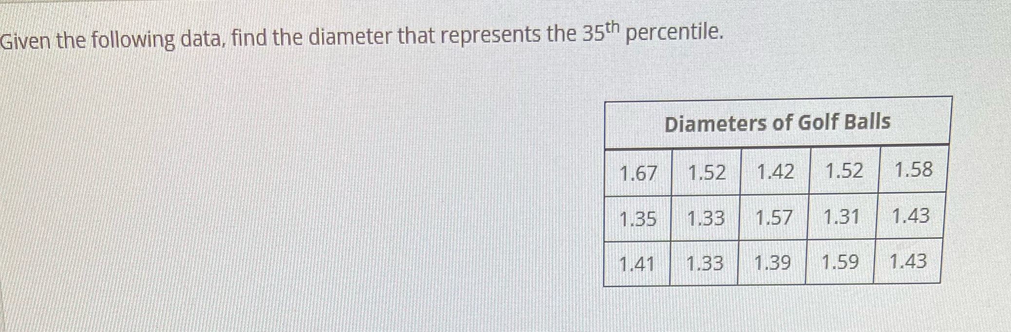 Given the following data, find the diameter that represents the 35th