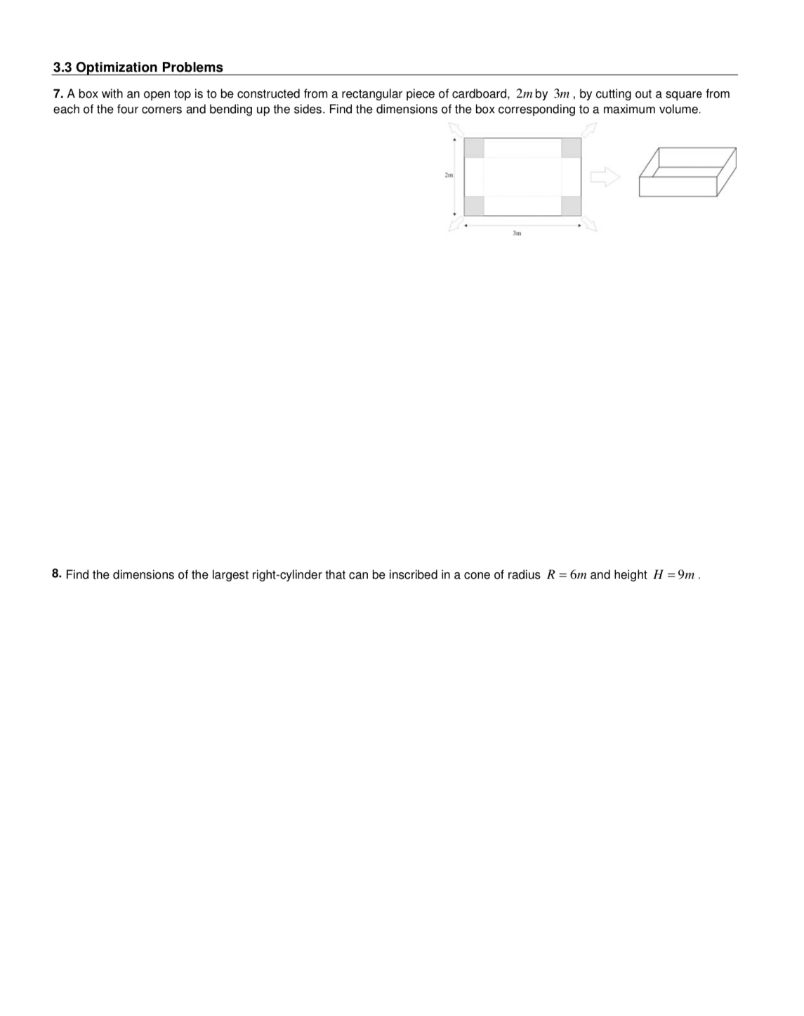  3.3 Optimization Problems 7. A box with an open top is