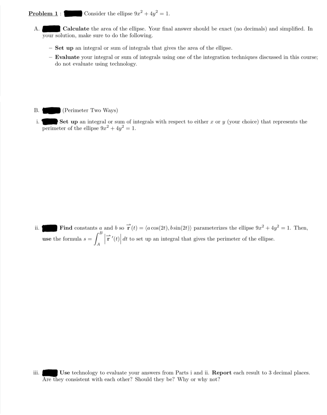 1. A. - Calculate the area of the ellipse. Your nal answer