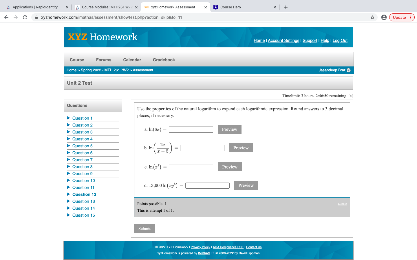 Applications | Rapididentity x ) Course Modules: MTH261 W72 x xYz
