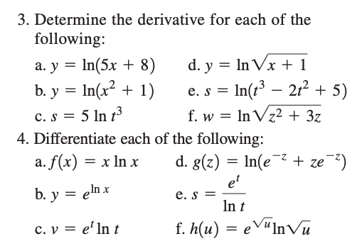 Please show me step by step. 3. Determine the derivative for each