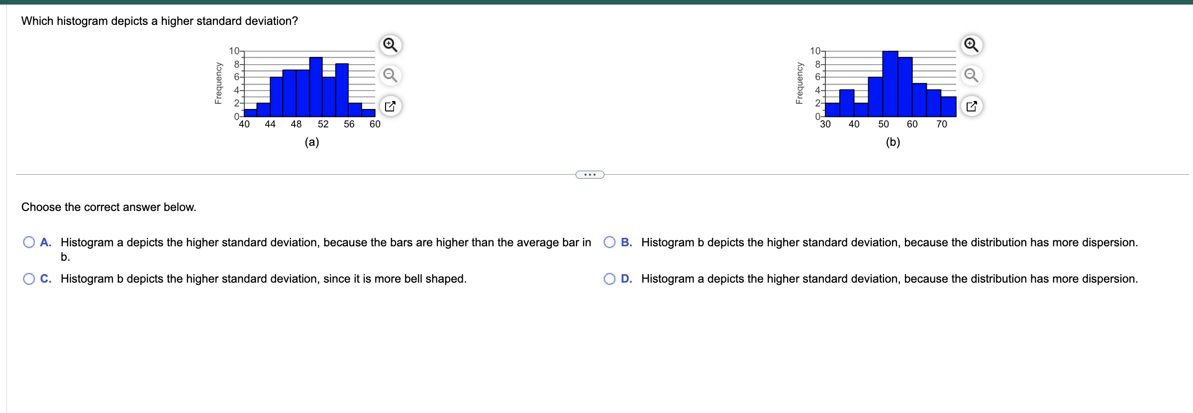 is more bell shaped. D. Histogram a depicts the higher standard deviation,