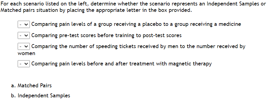 a placebo to a group receiving a medicine Comparing pre-test scores before