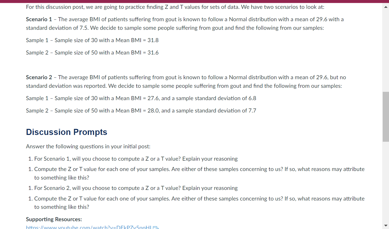 and T values for sets of data. We have two scenarios to
