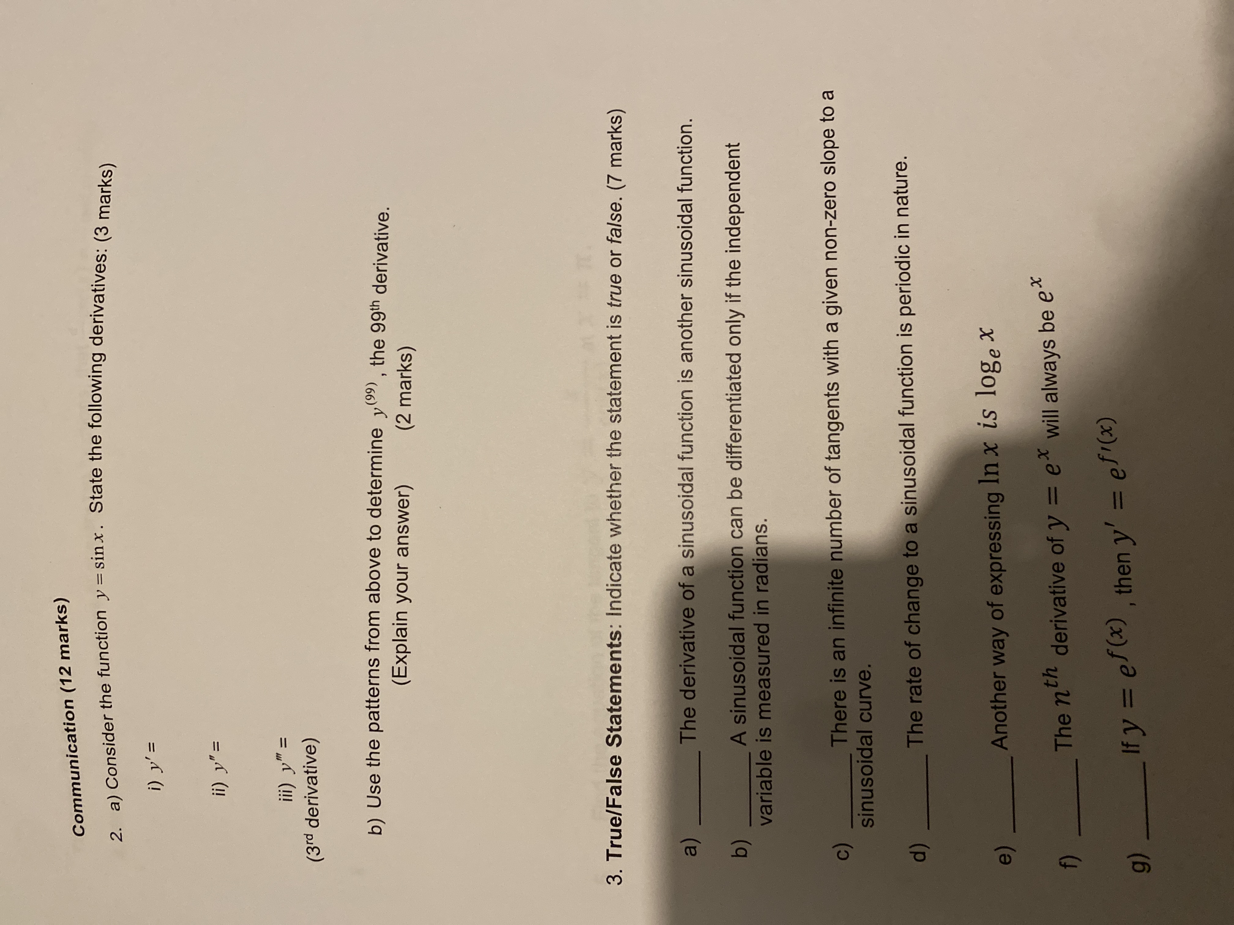  Communication (12 marks) 2. a) Consider the function y = sinx.