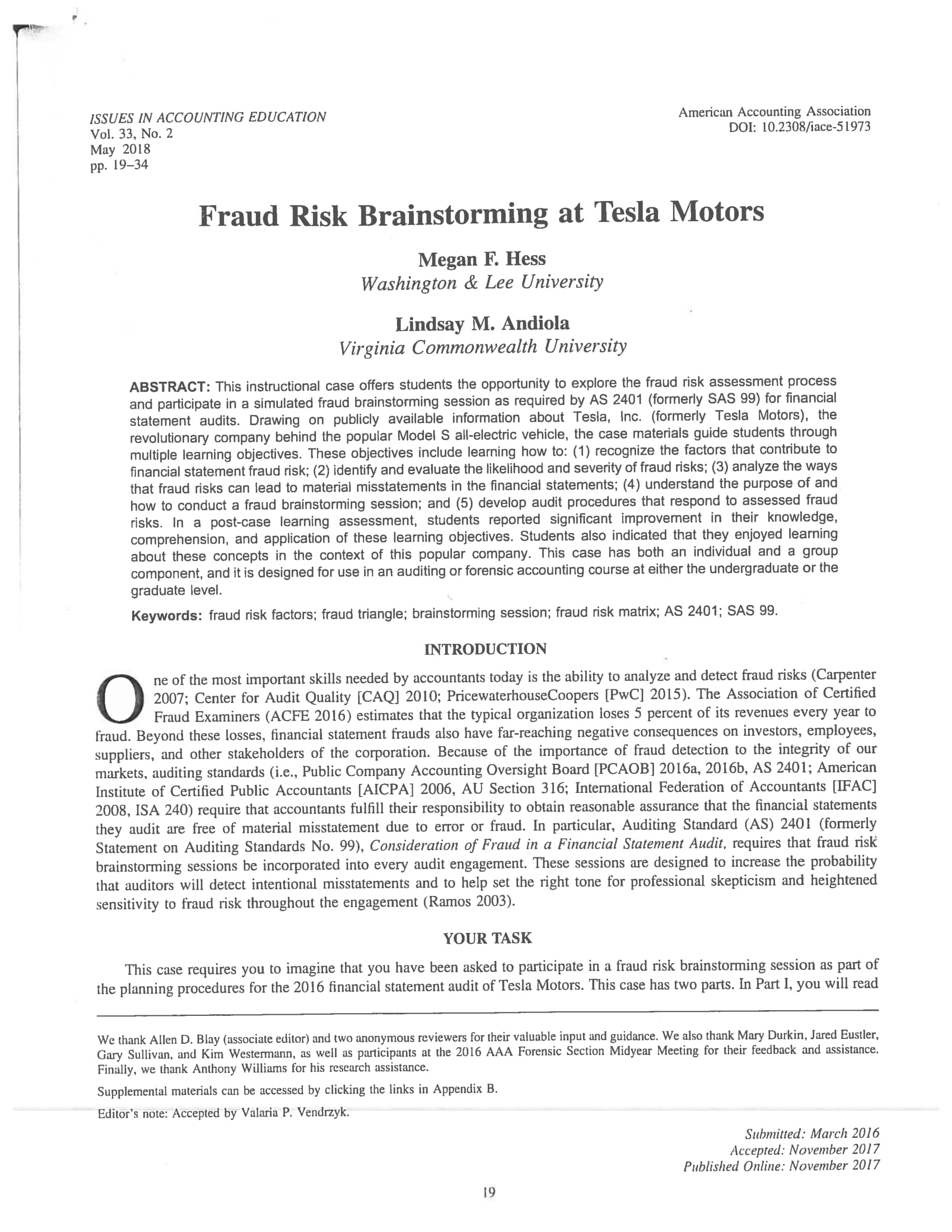 Washington & Lee University Lindsay M. Audiola Virginia Commonwealth University ABSTRACT: This