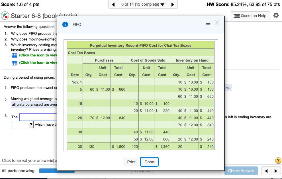 6 of 14 (13 complete) HW Score: 85.24%, 63.93 of 75 pts