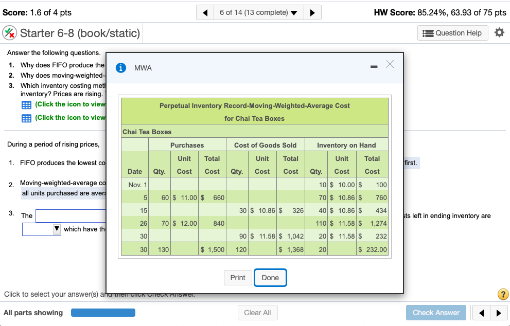 Starter 6-8 (bookletation Question Help Answer the following questions. i FIFO -