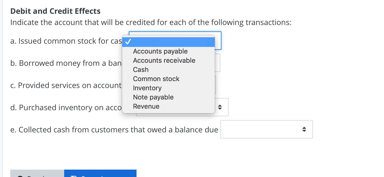 Please help. Choices are listed below. Debit and Credit Effects Indicate the