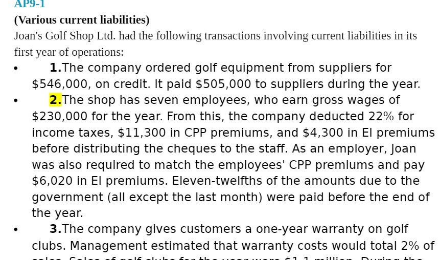 transactions involving current liabilities in its first year of operations: 1. The