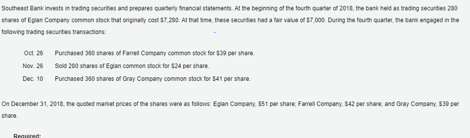 Southeast Bank invests in trading securities and prepares quarterly financial statements. At