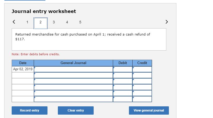 Journal entry worksheet 2 3 4 5 Returned merchandise for cash purchased