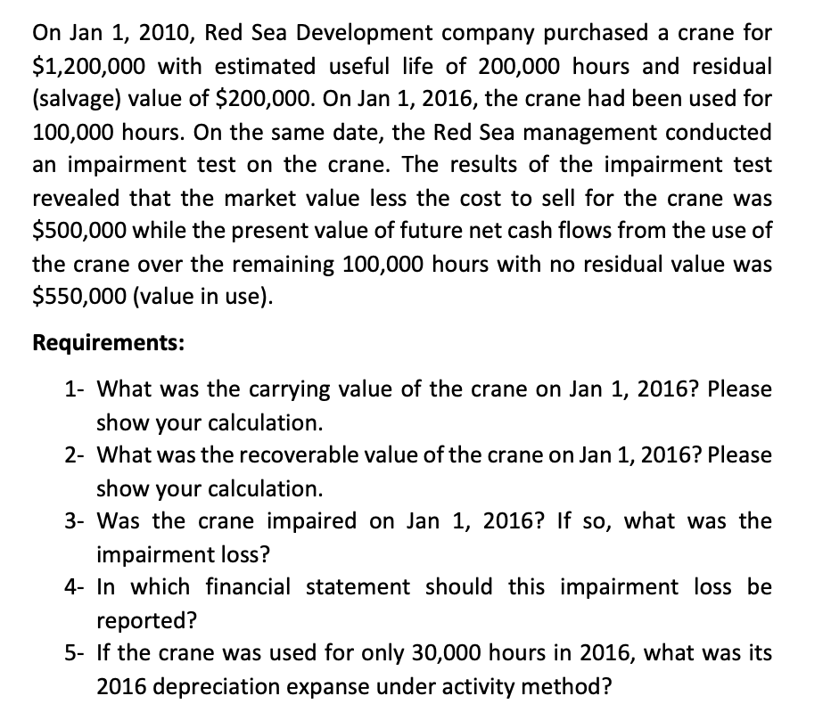 please help me On Jan 1, 2010, Red Sea Development company purchased