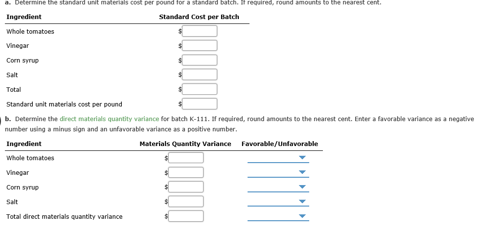  a. Determine the standard unit materials oost per pound for a
