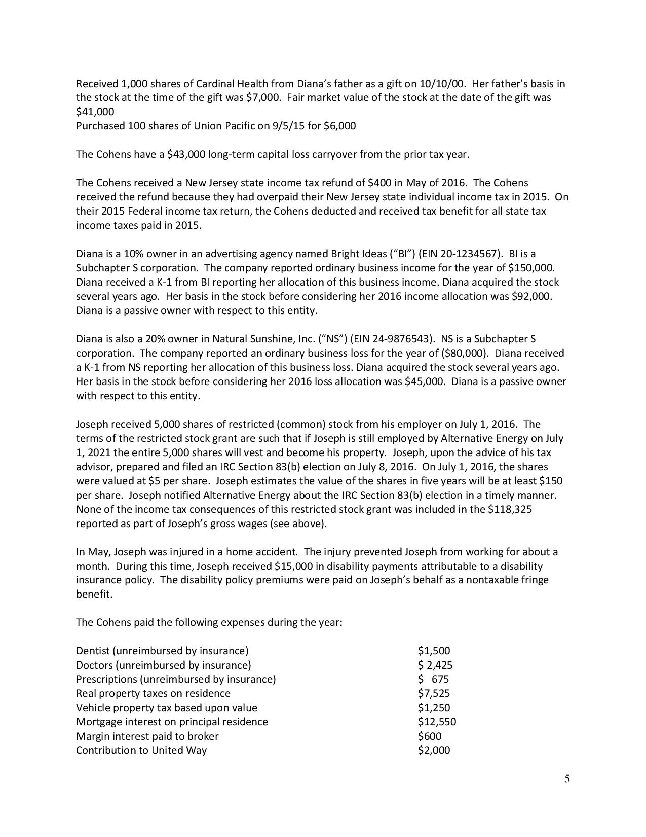 2016 federal income tax return for Joseph and Diana Cohen. Ignore the