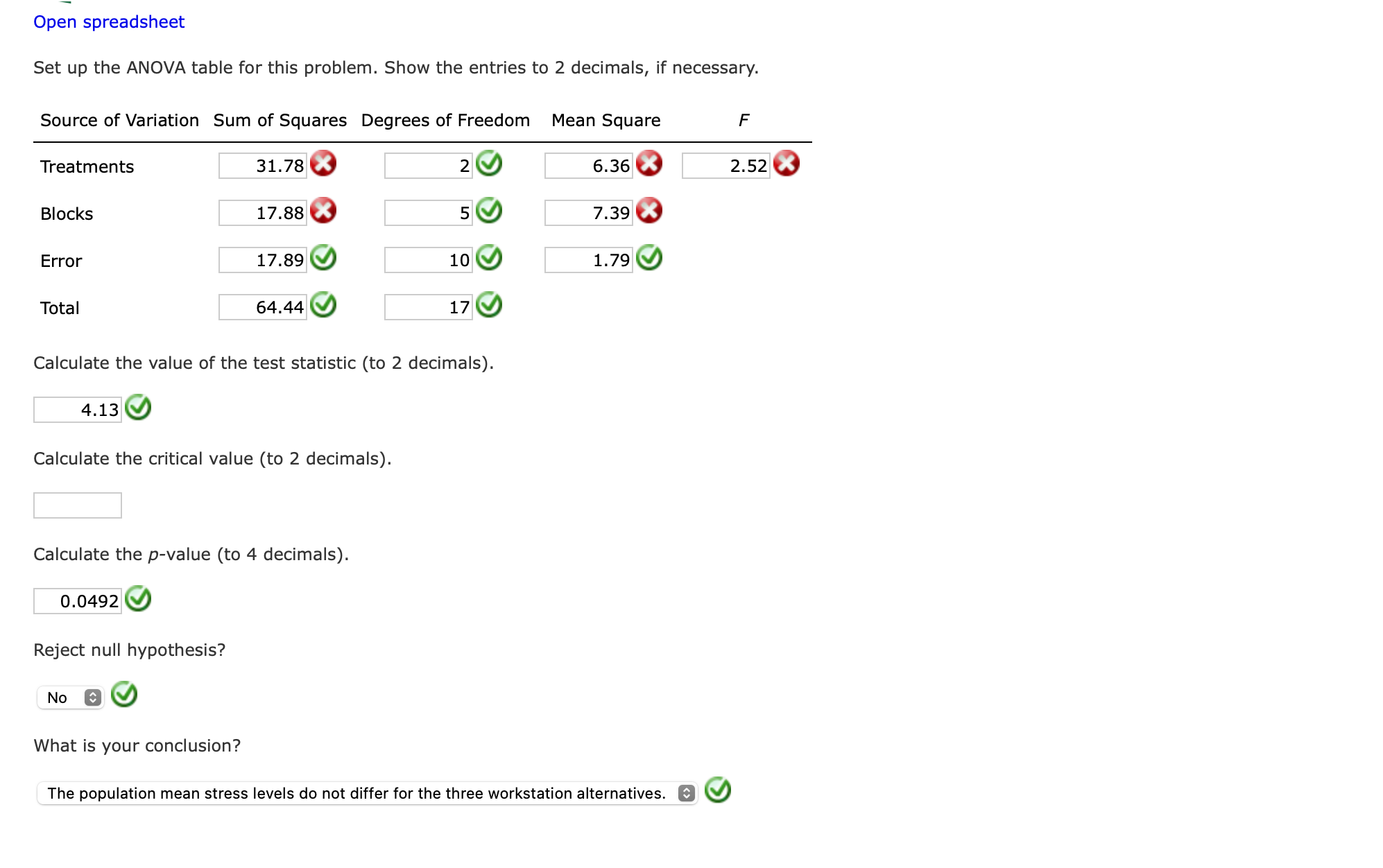  Open spreadsheet Set up the ANOVA table for this problem. Show