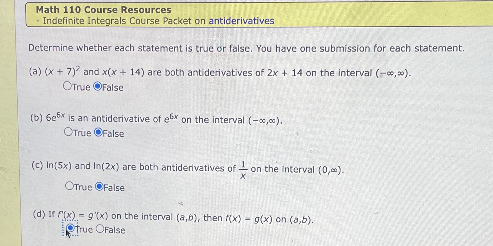  Math 110 Course Resources - Indefinite Integrals Course Packet on antiderivatives