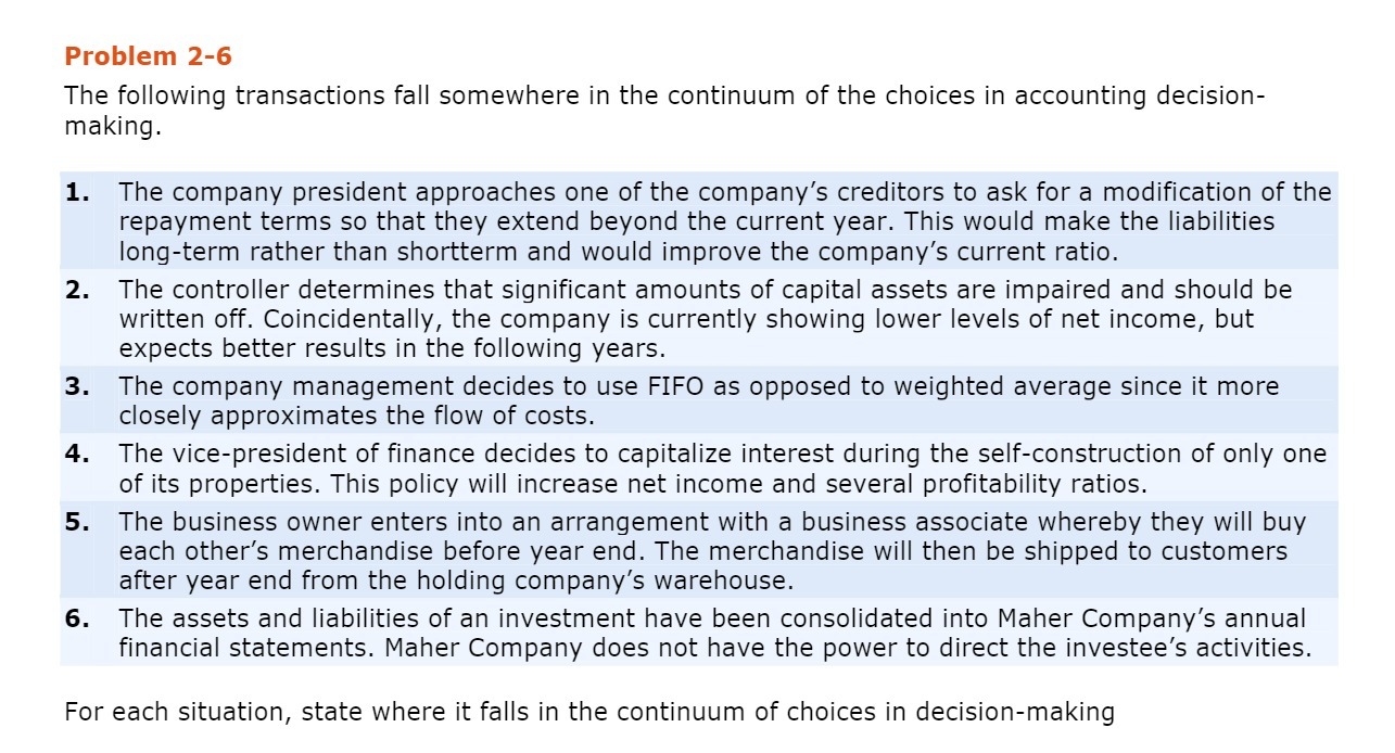 Problem 2-6 The following transactions fall somewhere in the continuum of
