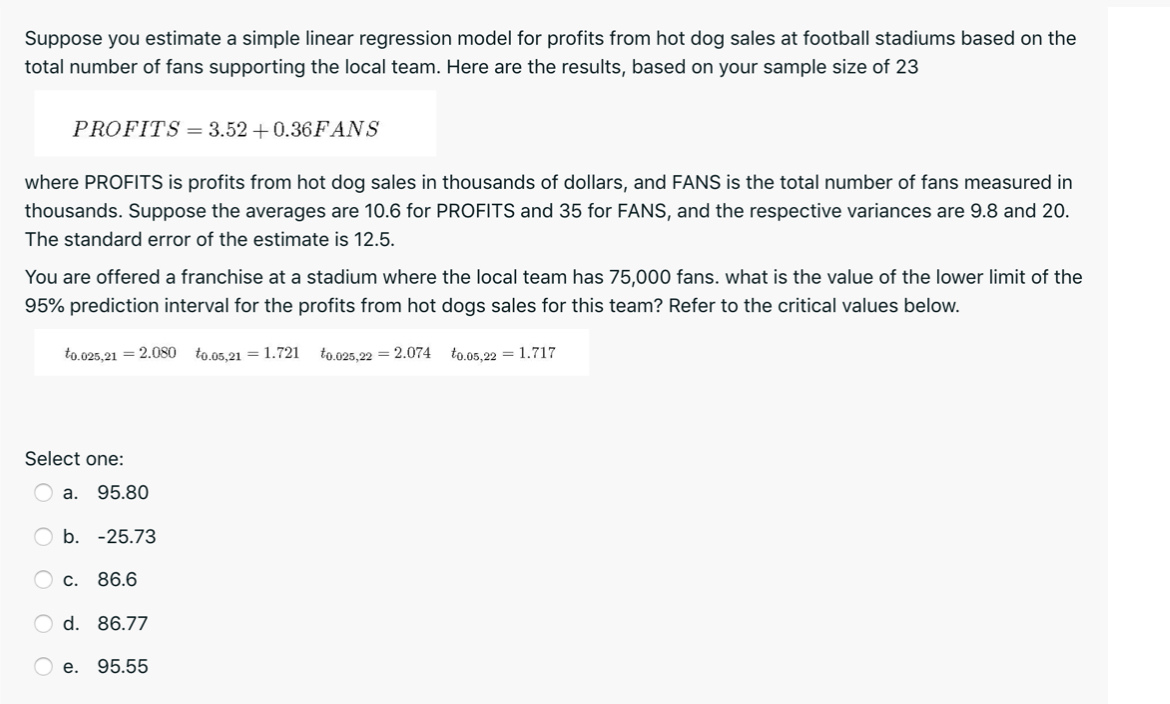  Suppose you estimate a simple linear regression model for profits from