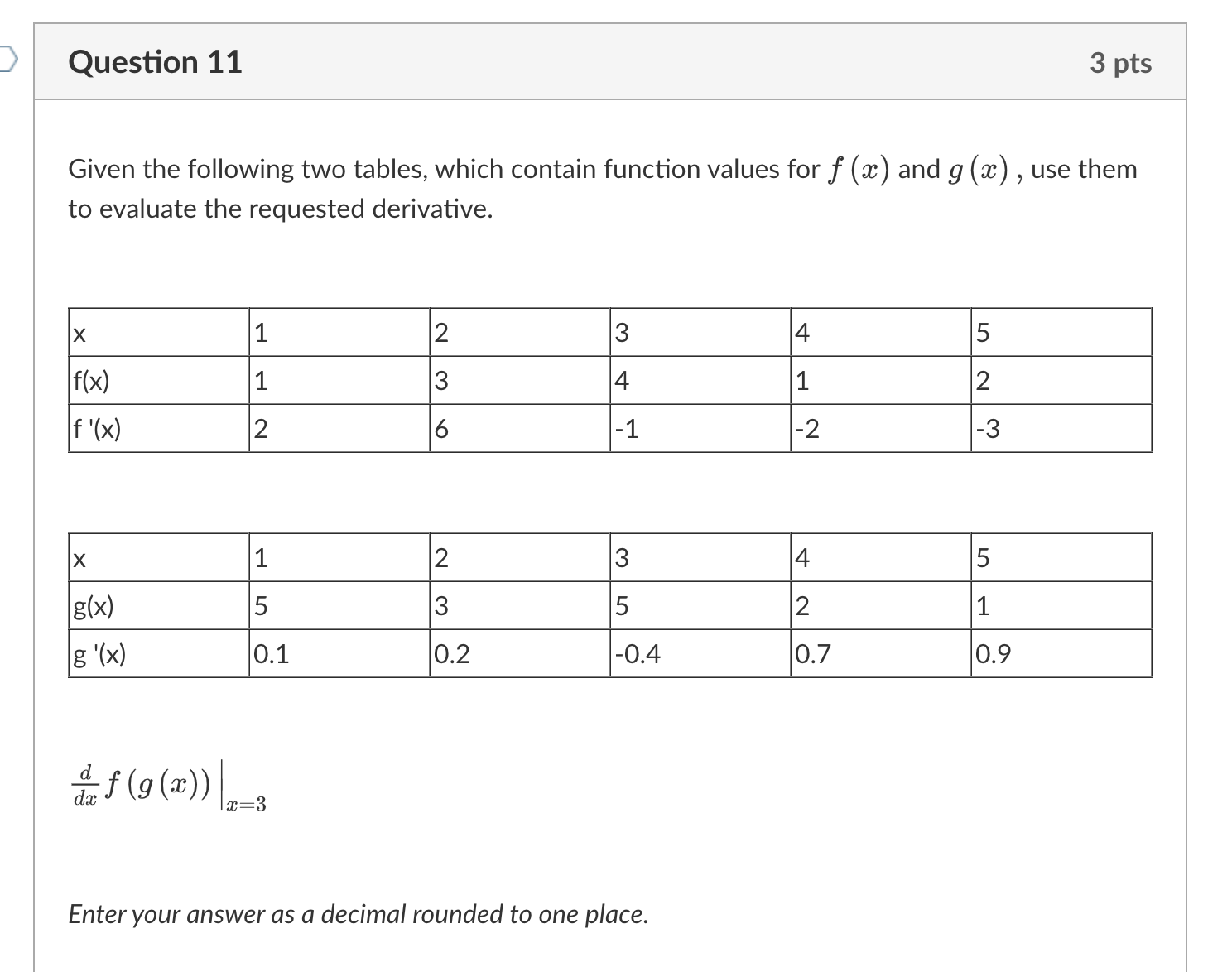 11 3 pts Given the following two tables, which contain function values