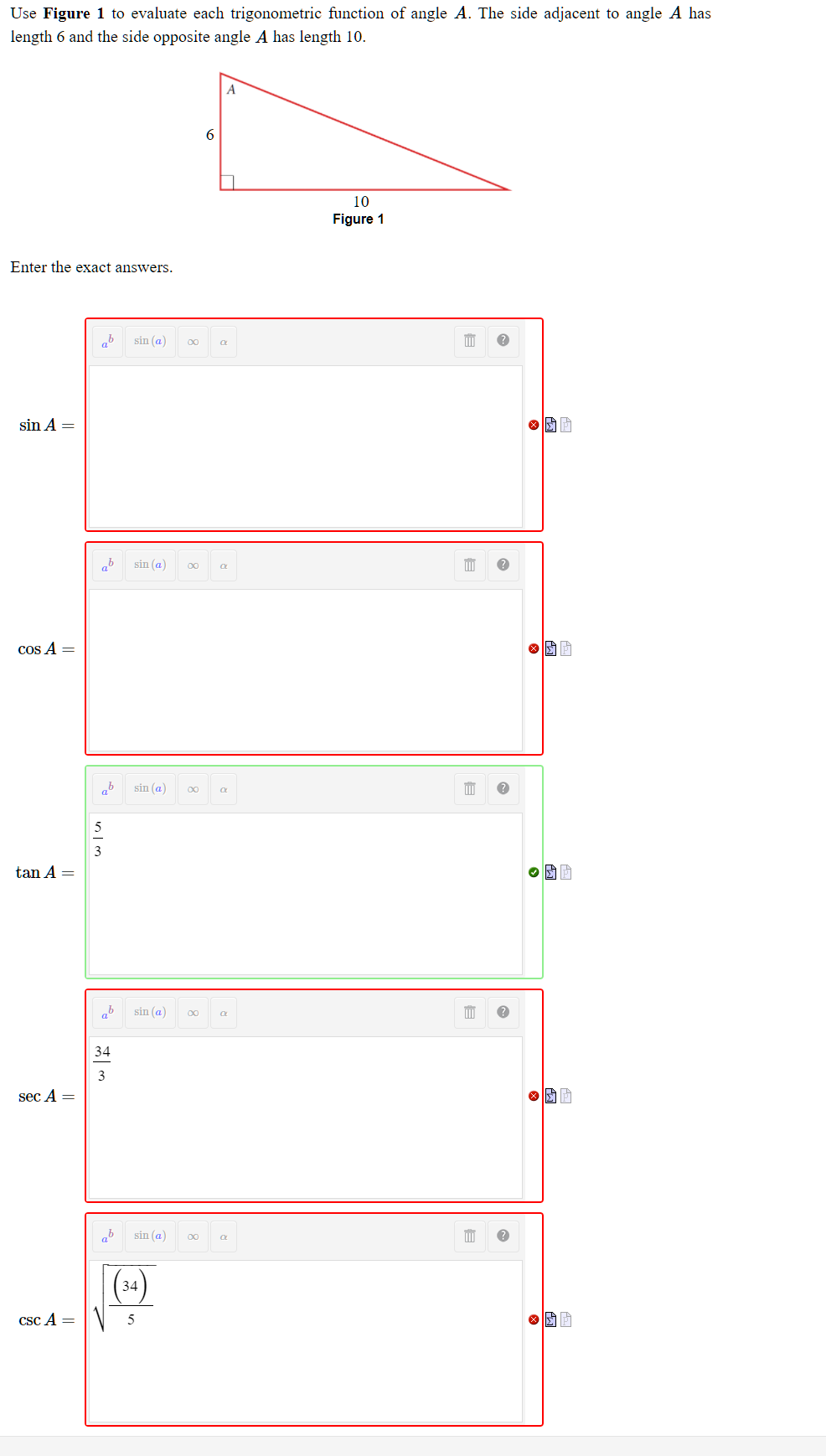 The side adjacent to angle A has length 6 and the side