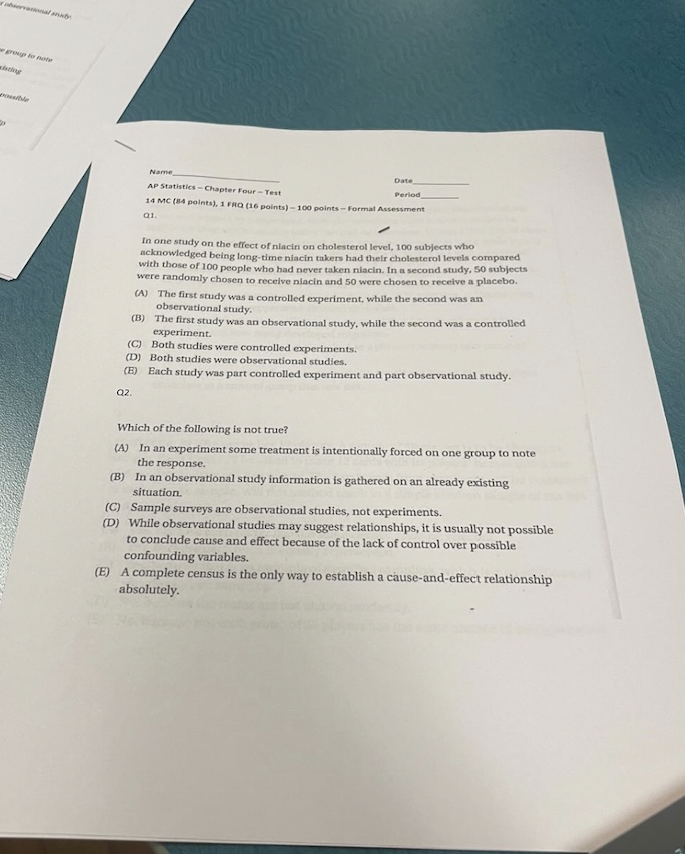 Help Name Date AP Statistics - Chapter Four - Test Perlod 14