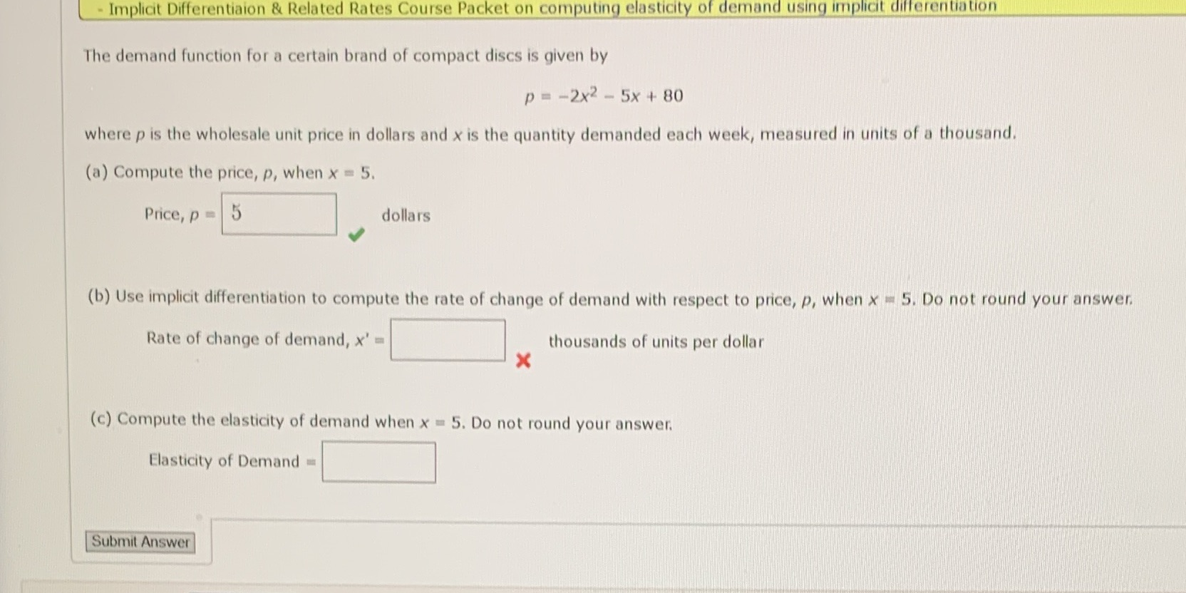  - Implicit Differentiaion & Related Rates Course Packet on computing elasticity