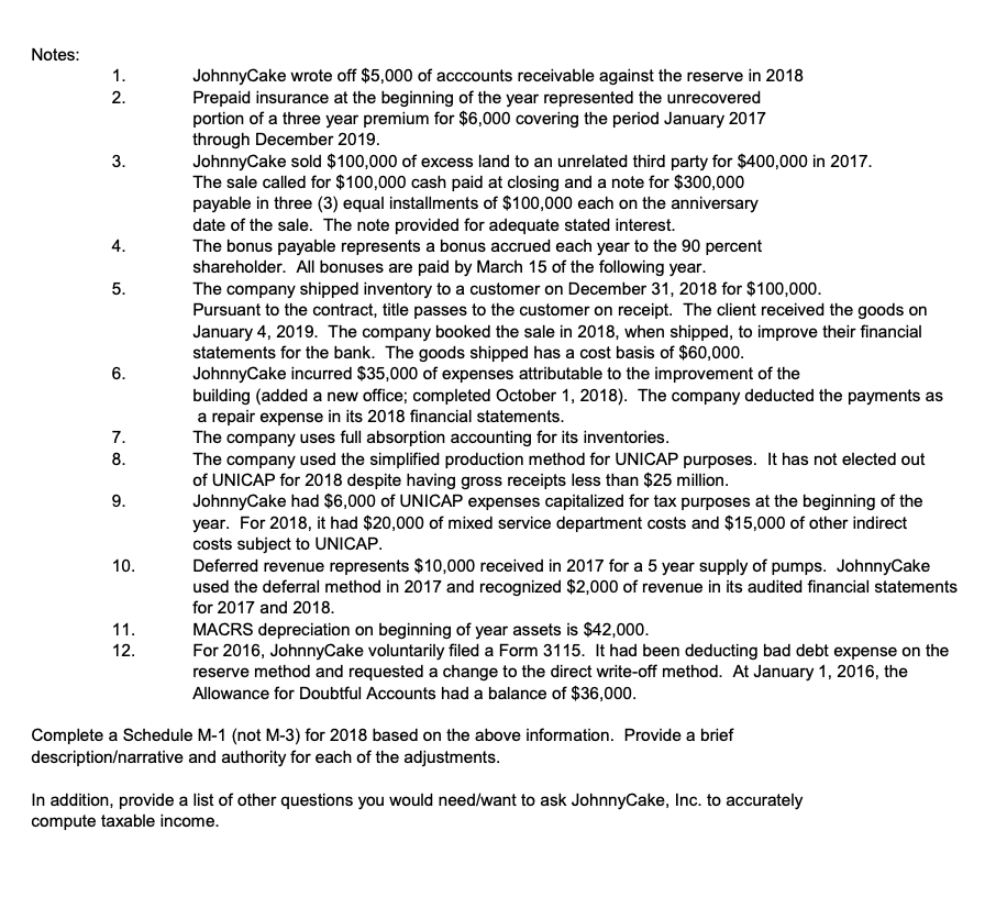 adjustments. Please See attached document JohnnyCakes, Inc. is a calendar year accrual