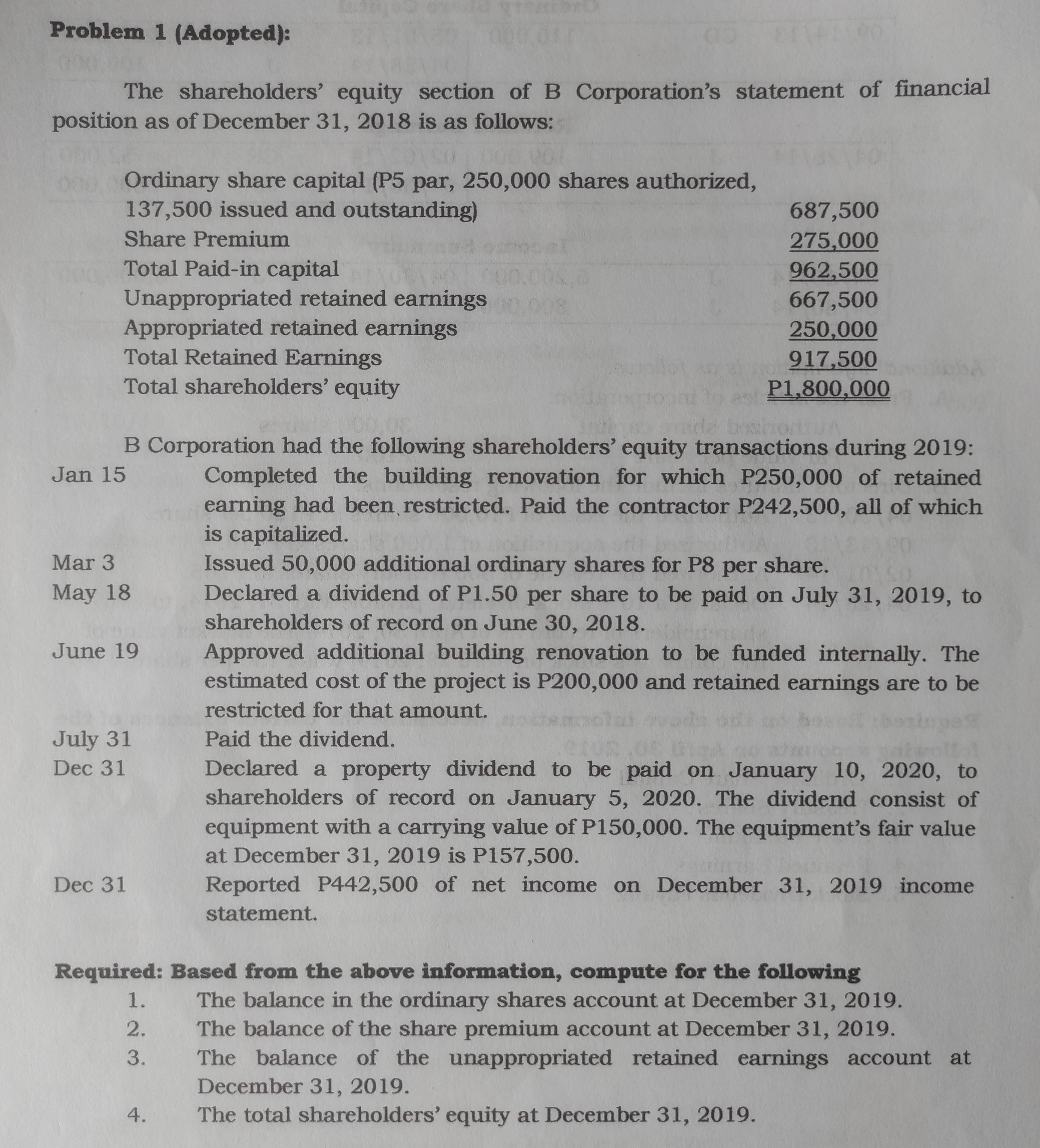 Answer the following problems Problem 1 (Adopted): The shareholders' equity section of